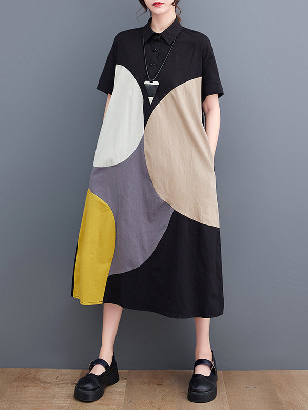 Color-Block Contrast Color Split-Joint Loose Oversize Lapel Shirt Dress Midi Dresses