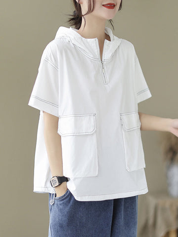 Zipper Loose Short Sleeves Hooded T-Shirts Tops