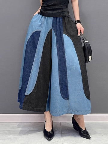 Contrast Color Elasticity Split-Joint Loose Wide Leg Jean Pants Bottoms