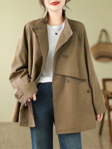 Asymmetric Buttoned Pockets Solid Color Split-Joint Long Sleeves Loose Stand Collar Trench Coats Outerwear