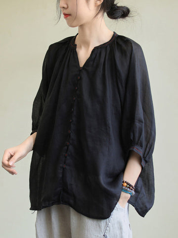 Black&Pink High-Low Half Sleeve Ramie Cotton Loose Shirt