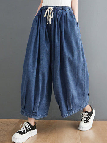 Casual Loose Drawstring Wide Legs Jean Pants