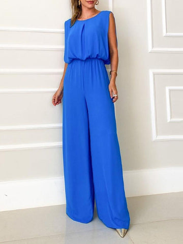 Backless Elasticity Pleated Solid Color Split-Joint High Waisted Sleeveless Jumpsuits