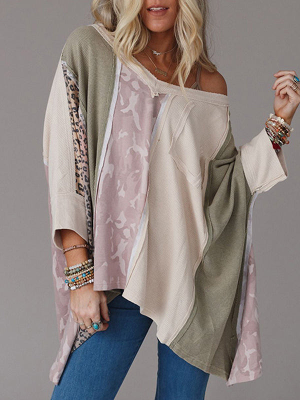 Asymmetric Leopard Split-Joint Split-Side Long Sleeves Loose One-Shoulder Sweatshirt Tops