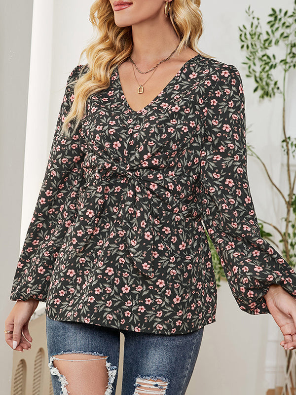 Flower Print Knot Long Sleeves Loose V-Neck Blouses&Shirts Tops