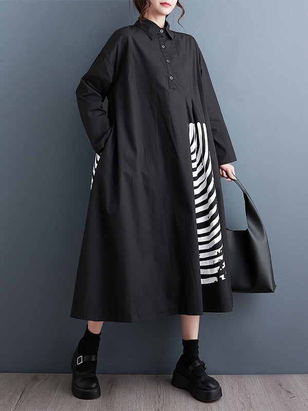 Asymmetric Buttoned Pleated Printed Split-Joint A-Line Long Sleeves Lapel Shirt Dress Midi Dresses