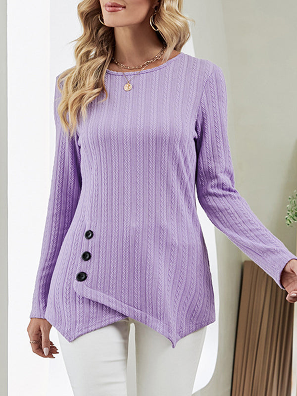 Asymmetric Buttoned Long Sleeves Loose Round-neck T-Shirts Tops