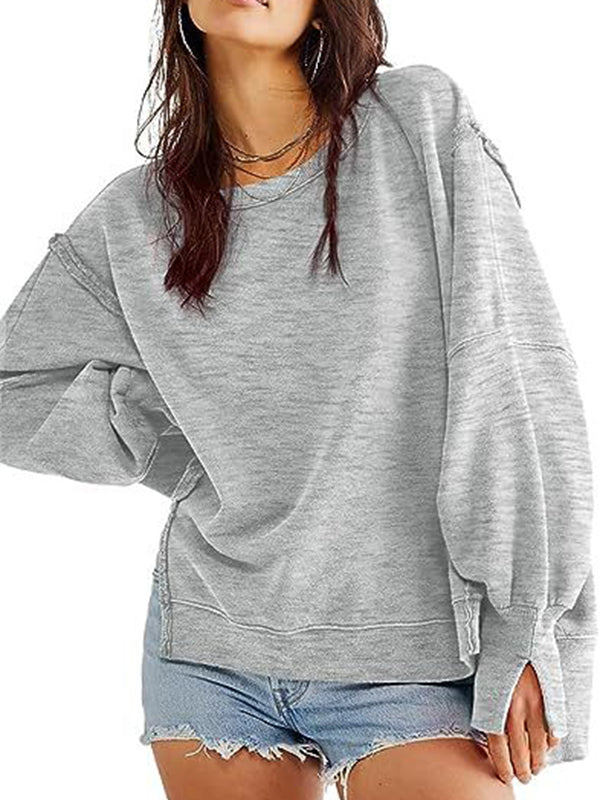 Fringed Solid Color Split-Joint Split-Side High-Low Long Sleeves Round-Neck Sweatershirt