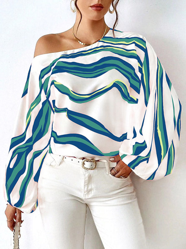 Asymmetric Striped Long Sleeves Loose One-Shoulder Blouses&Shirts Tops