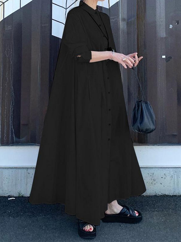 Solid Color Long Sleeves Loose Lapel Shirt Dress Maxi Dresses