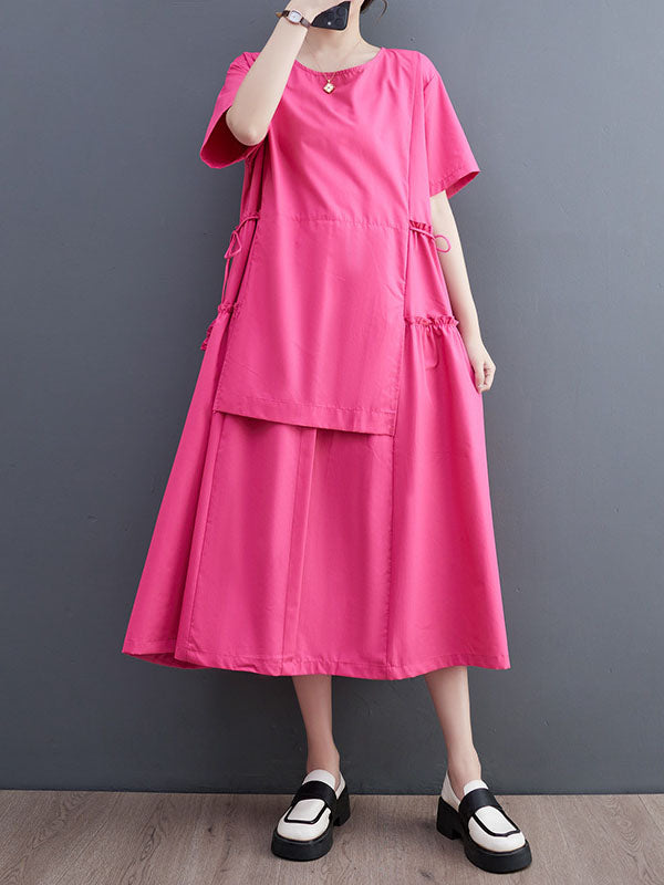 Solid Color Split-Joint Loose Short Sleeves Round-neck Midi Dresses