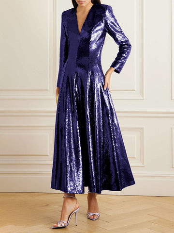 Sequined Solid Color A-line Long Sleeves V-neck Maxi Dresses