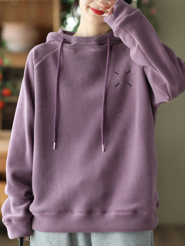 Simple Long Sleeves Loose Velvet Keep Warm Solid Color Hoodies Tops