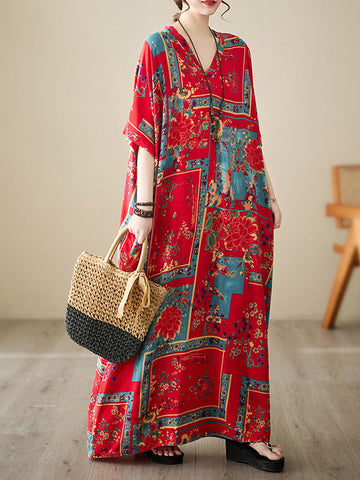 Floral Printed Multi-Colored Loose Short Sleeves V-neck Maxi Dresses