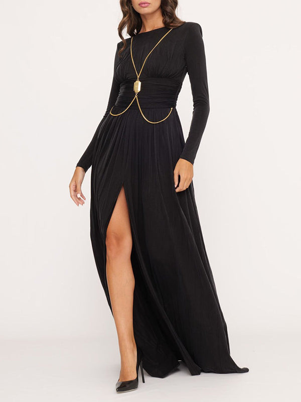 Long Sleeves Backless No Body Chain Pleated Solid Color Tied Waist Maxi Dresses