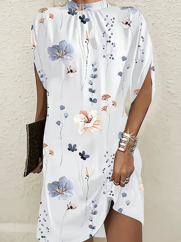 Flower Print Batwing Sleeves Loose Round-Neck Mini Dresses