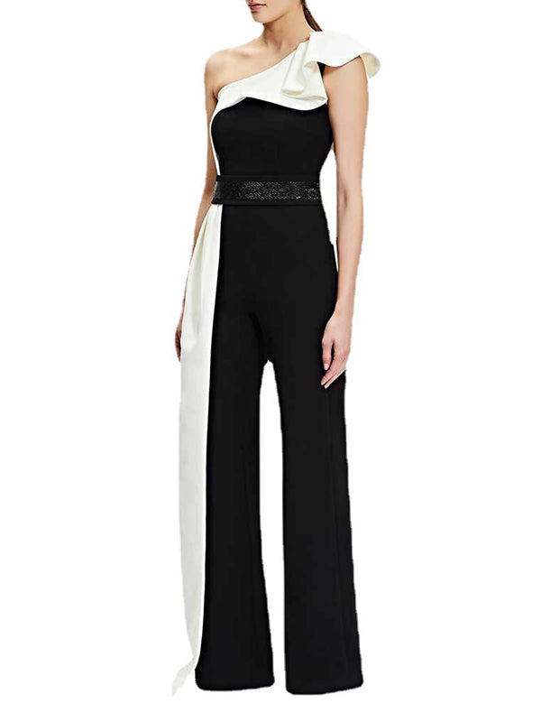 Contrast Color Split-Joint High Waisted Wide Leg One-shoulder Jumpsuits