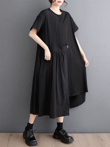 Solid Color Split-Joint Irregular clipping Loose Round-neck Midi Dresses