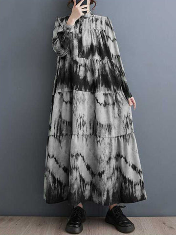 Pleated Printed Split-Joint A-Line Long Sleeves Stand Collar Midi Dresses