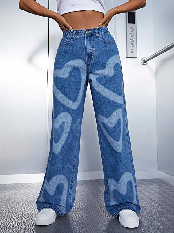 Urban Wide Leg Heart Shape Printed Jean Pants Bottoms