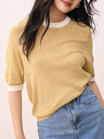 Contrast Color Loose Short Sleeves Round-Neck T-Shirts