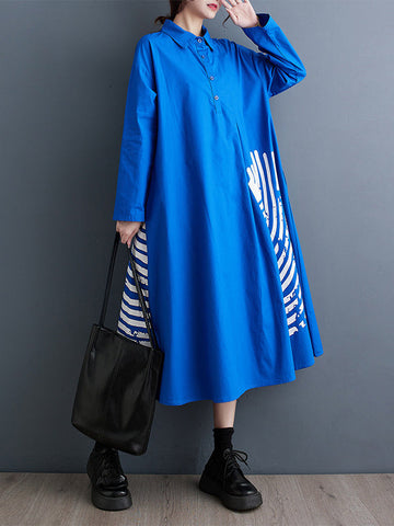 Asymmetric Buttoned Pleated Printed Split-Joint A-Line Long Sleeves Lapel Shirt Dress Midi Dresses