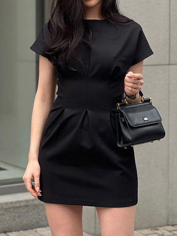 Pleated Solid Color High Waisted Raglan Sleeve Round-Neck Mini Dresses