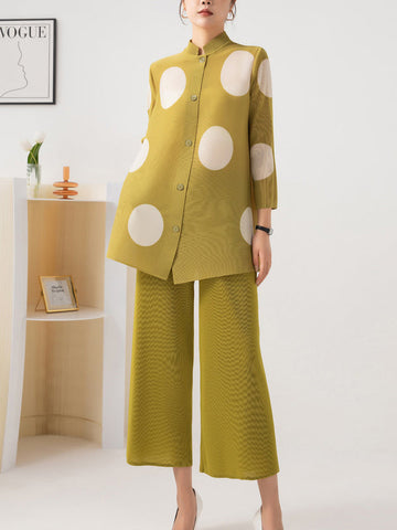 Pleated Polka Dot Long Sleeves Loose Stand Collar Two Pieces Set