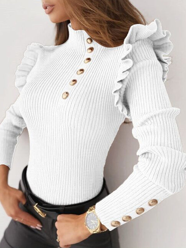 Buttoned Falbala Split-Joint Long Sleeves Skinny High-Neck Sweater Tops Pullovers