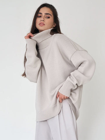 Casual Long Sleeves Loose Solid Color High-Neck Sweater Tops