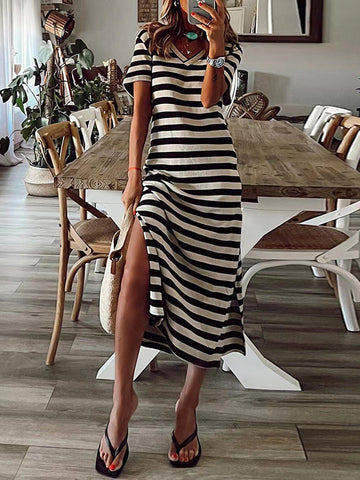 Printed Split-Side Striped A-Line Loose V-Neck Midi Dresses