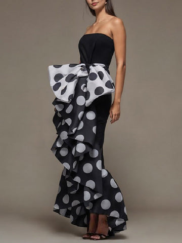 Bow-Embellished Pleated Polka-Dot Split-Joint Skinny Sleeveless Tube Maxi Dresses