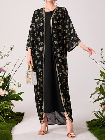 Muslim High Waisted Round-Neck Inner Dress + Gauze Batwing Sleeves Flower Print Outerwear Two Pieces Set