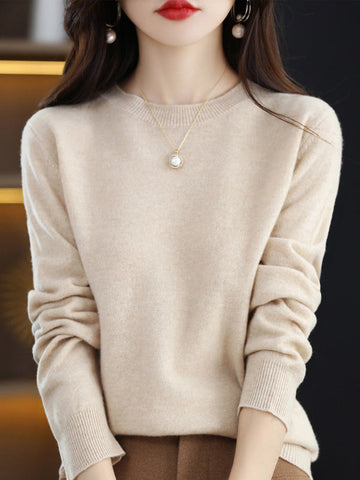 Casual Long Sleeves Loose Solid Color Round-Neck Sweater Tops