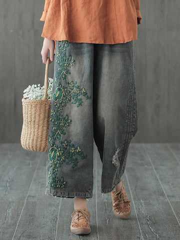 Original Embroidered Wide-Leg Column Jean Pants