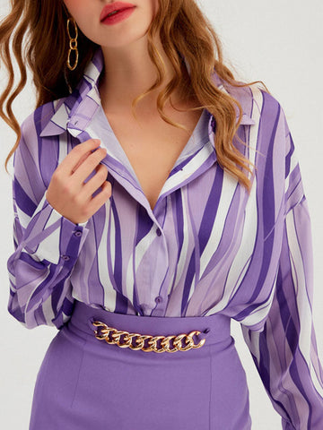 Contrast Color Striped Long Sleeves Loose Lapel Blouses