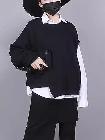 Loose Long Sleeves Asymmetric Buttoned Lapel Inner Shirts + Outer Sweatshirt Two Pieces Set