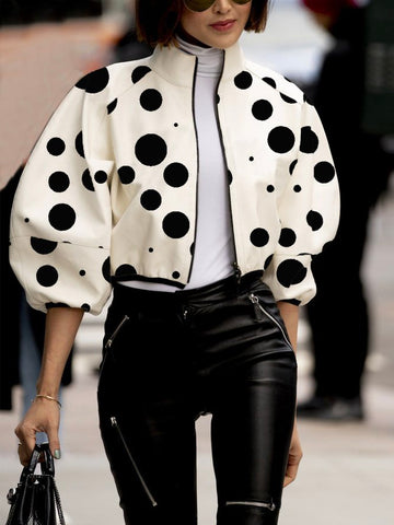 Urban Puff Sleeves Loose Polka Dot Stand Collar Jackets