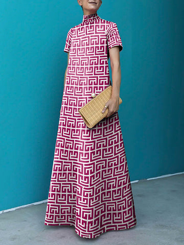 Loose Short Sleeves Printed Stand Collar Maxi Dresses