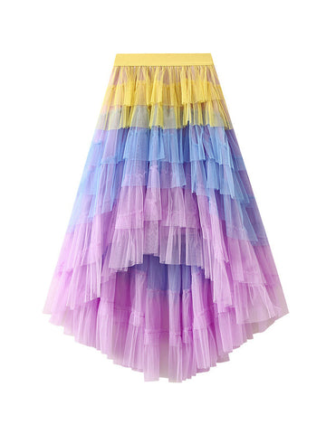 Contrast Color Elasticity Gauze Gradient Pleated Split-Joint Tiered A-Line High-Low Skirts