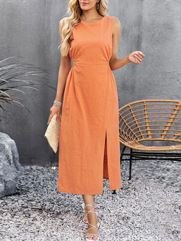 Hollow Solid Color Split-side Sleeveless Round-neck Midi Dresses