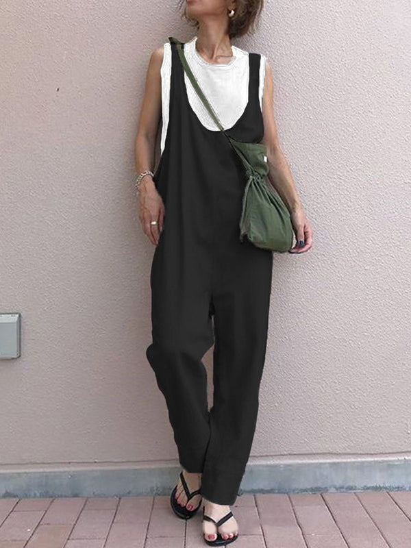 Solid Color Split-Joint Loose Sleeveless U-Neck Overalls