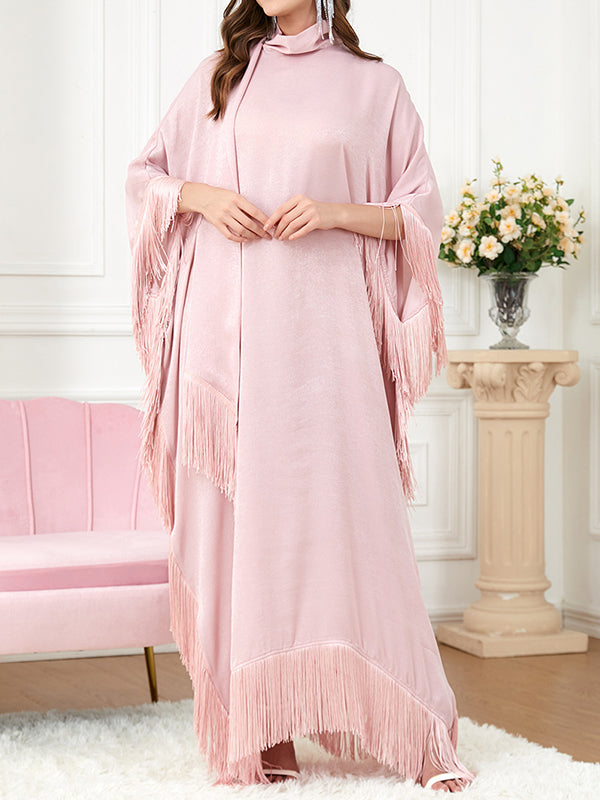 Ribbon Solid Color Tasseled A-Line Batwing Sleeves Maxi Dresses