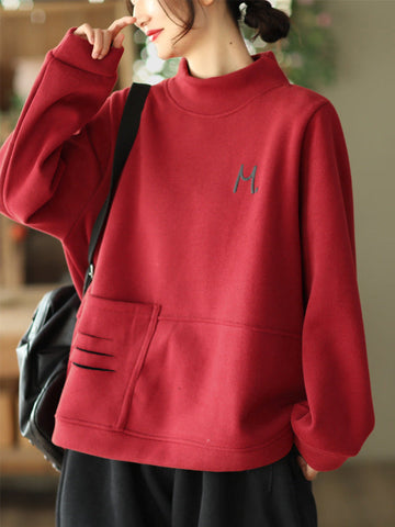 Simple Loose Long Sleeves Velvet Solid Color High-Neck Sweatshirt Tops