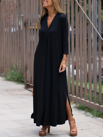 Long Sleeves Loose Solid Color Split-Side V-Neck Maxi Dresses