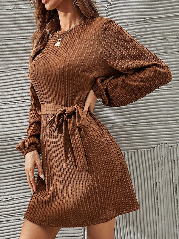 Hollow Solid Color Tied Waist Long Sleeves Loose Round-Neck Mini Dresses