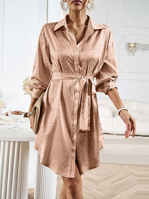 Buttoned Leopard Tied Waist Long Sleeves Loose Lapel Shirt Dress Mini Dresses