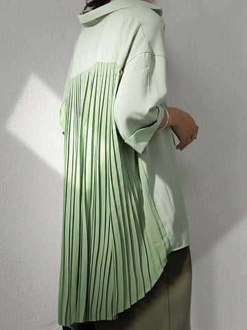 Stylish Solid Color High-Low Pleated Split-Joint Half Sleeves Blouse