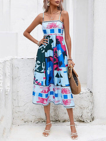 Pleated Printed Split-Joint High Waisted Sleeveless Collarless Slip Dress Midi Dresses