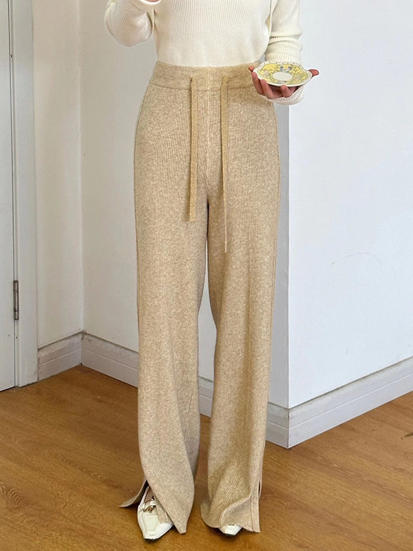 Drawstring Solid Color Split-Side Velvet High Waisted Loose Trousers Pants